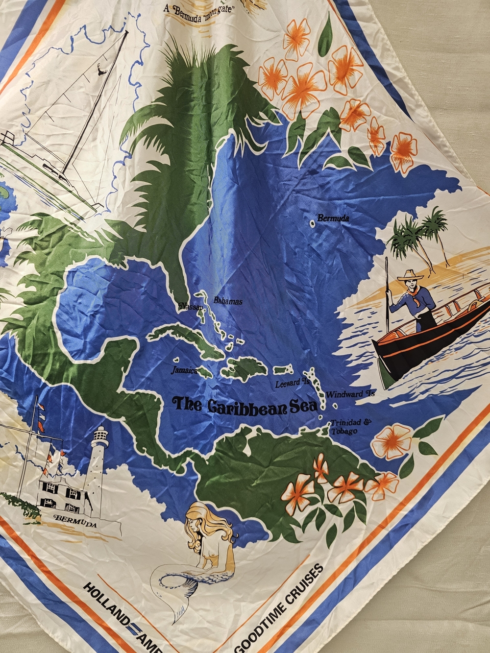 Vintage Holland America The Goodtime Cruises Caribbean Map Print Souvenir Scarf